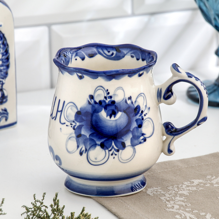 Кружка "Утро Хозяин", 0,3 л, 11х12 см, гжель, фарфор