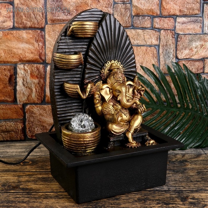 Фонтан настольный от сети, подсветка Фонтан настольный от сети, подсветка "Золотой Ганеша у водопада с чашами" 35х25х20 см