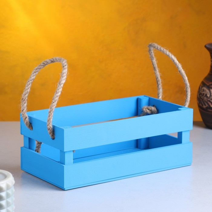 Кашпо деревянное 24.5×13.5×9 см  Кашпо деревянное 24.5×13.5×9 см "Двушка Лайт" реечное, ручка верёвка, голубой Дарим Красиво