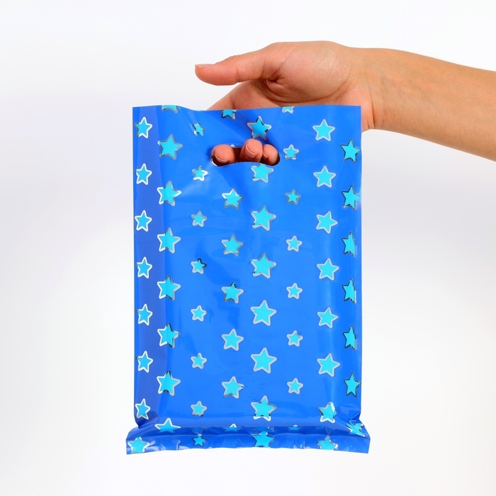 Набор подарочных пакетов, металлизированныей,  Набор подарочных пакетов, металлизированныей, "Звёзды" синий 17х25 см , 20 микрон 10 шт набор