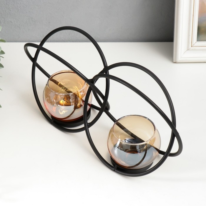 Подсвечник металл, стекло на 2 свечи Подсвечник металл, стекло на 2 свечи "Чёрные круги" d-4 см 24х7х12 см