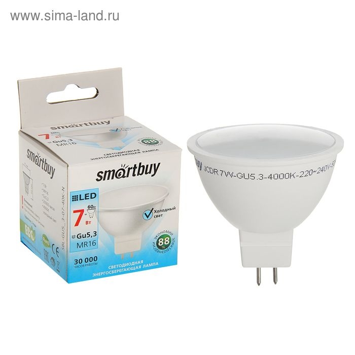 Лампа cветодиодная Smartbuy, GU5.3, 7 Вт, 4000 К, дневной белый свет Лампа cветодиодная Smartbuy, GU5.3, 7 Вт, 4000 К, дневной белый свет