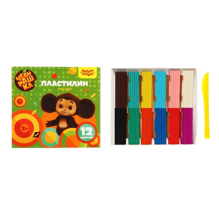 Пластилин Мульти-Пульти Пластилин Мульти-Пульти "Чебурашка", 12 цветов, 144г, со стеком, картон