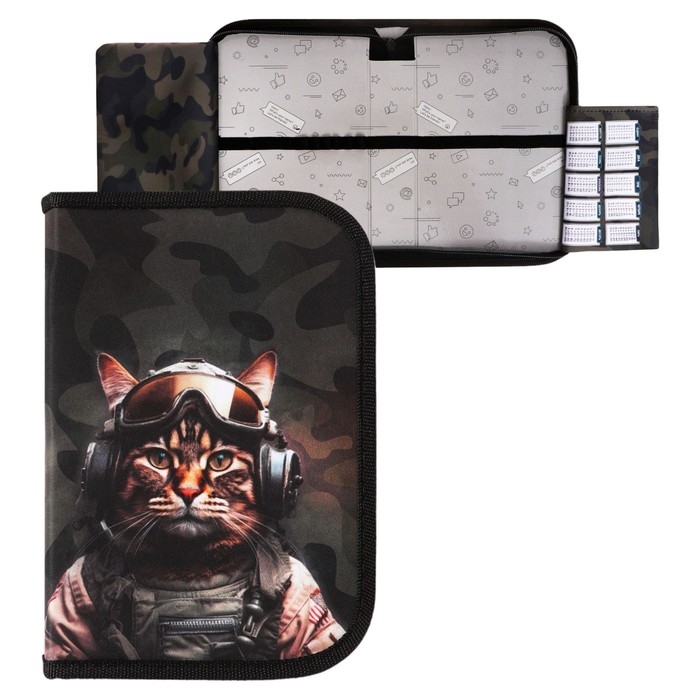 Пенал 1 секция 140 х 210 х 40 мм, откидной карман и косметичка, тканевый, Calligrata TOP Content Пенал 1 секция 140 х 210 х 40 мм, откидной карман и косметичка, тканевый, Calligrata TOP Content "Кот камуфляж"