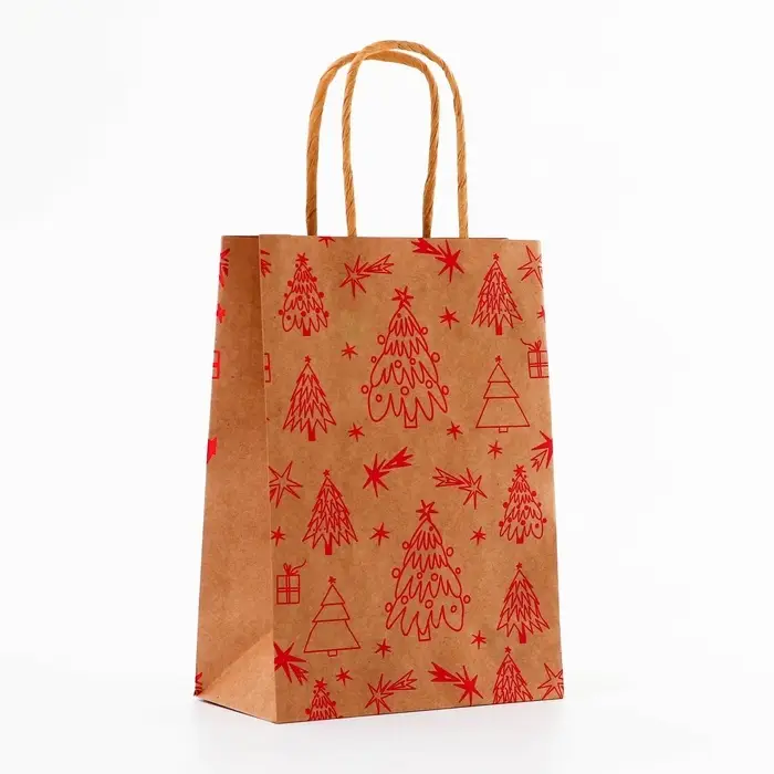 Пакет крафт с тиснением, круглая ручка, «Ёлочки» 15×21×8 см, 120 г