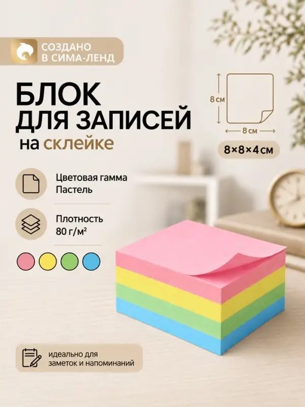 Блок бумаги для записей Calligrata, на склейке, 8&times;8&times;4 см, 80 г/м&sup2;, цветной, пастель