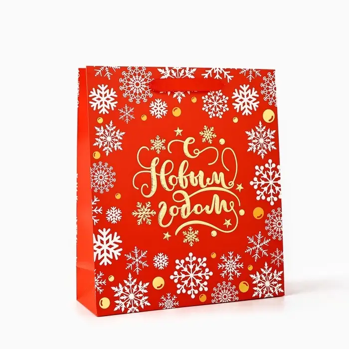 Пакет подарочный новогодний ламинированный &laquo;Золотые снежинки&raquo;, тиснение, M 30&times;26&times;9 см