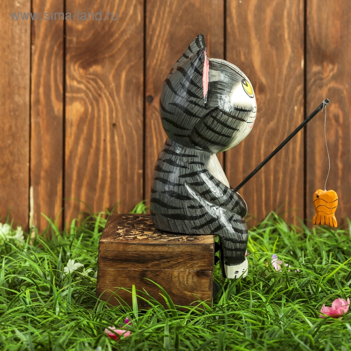 Сувенир дерево Сувенир дерево "Котёнок рыбак" серый 9х9х25 см