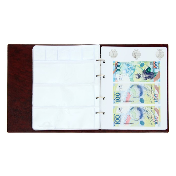 Альбом для монет на кольцах 225 х 265 мм, "Памятные монеты РФ", обложка искусственная кожа, 13 листов и 13 цветных картонных вставок, коричневый