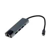 Type-C-разветвитель (HUB), HDMI/USB3.0/USB3.0/RJ45/PD, 60 ВТ, 3 А, кабель 13.5 см, серый