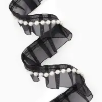 Рюш капроновый, с бусинами, 30 мм, 4.5&plusmn;0.5 м, чёрный/белый