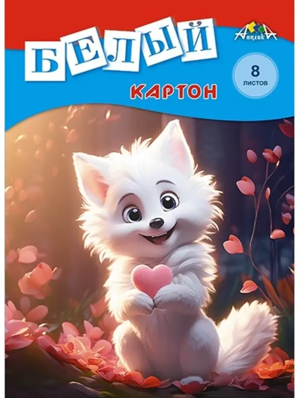Картон белый А4, 8 листов  Картон белый А4, 8 листов "Белый лисёнок", немелованный, 200 г,м2, в папке