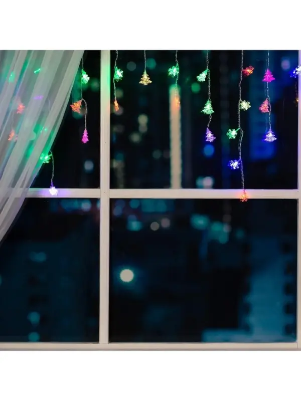 Гирлянда &laquo;Бахрома&raquo; 1.8&times;0.5 м с насадками &laquo;Ёлки и снежинки&raquo;, IP20, прозрачная нить, 48 LED, свечение мульти (RG/RB), мигание, 220 В