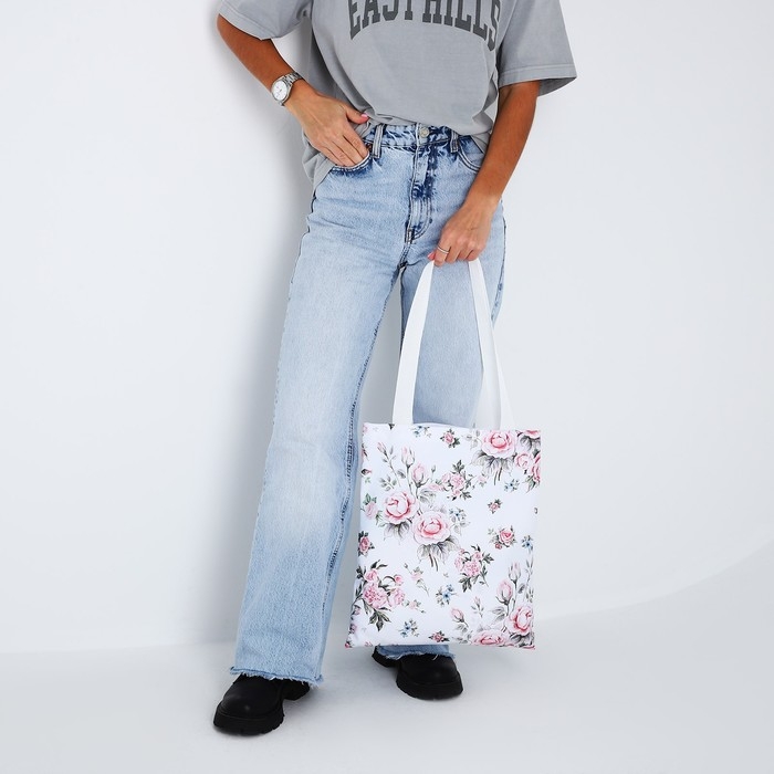 Сумка шопер «Розы», 35х0.5х40 см, отд без молнии, без подклада, белая Сумка шопер «Розы», 35х0.5х40 см, отд без молнии, без подклада, белая