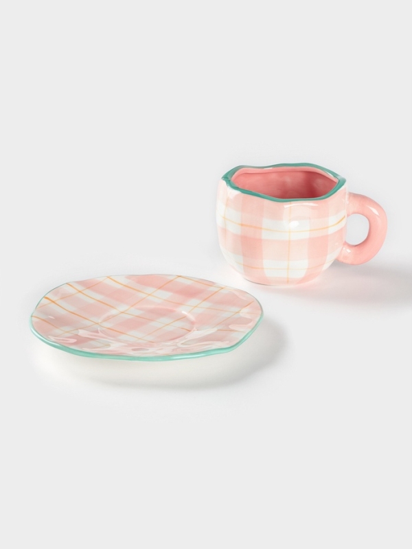 Чайная пара Доляна «Розовая клетка», чашка 220 мл, блюдце d=16 см, ручная роспись, керамика, белая Чайная пара Доляна «Розовая клетка», чашка 220 мл, блюдце d=16 см, ручная роспись, керамика, белая