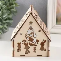 Заготовка новогодняя шкатулка-домик "Зайки" натуральный 12х10х14 см (Новогодний набор 7 деталей) 977
