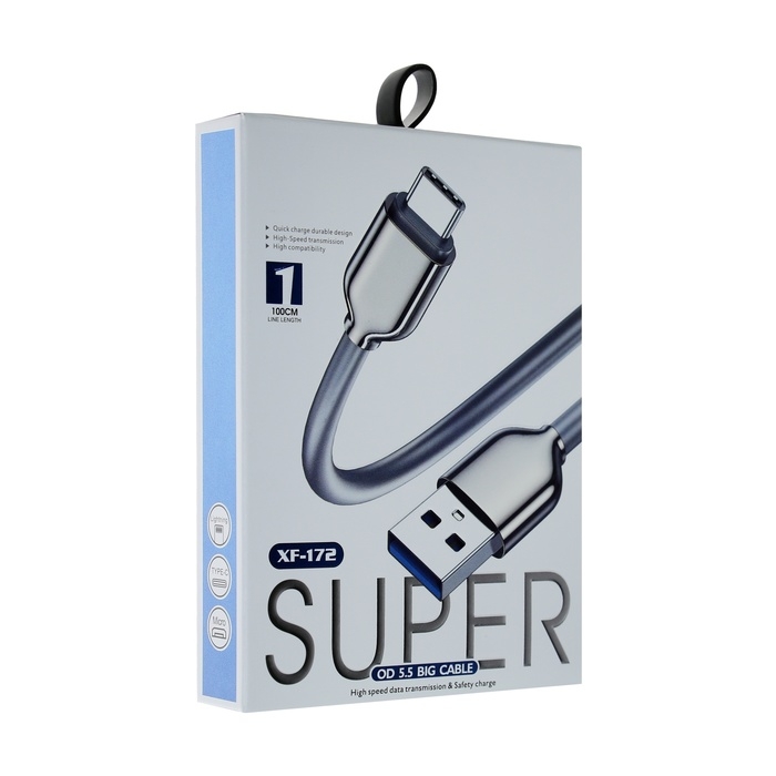 Кабель Type-C - USB, 6 А, оплётка TPE, морозоустойчивый, 1 метр, серый