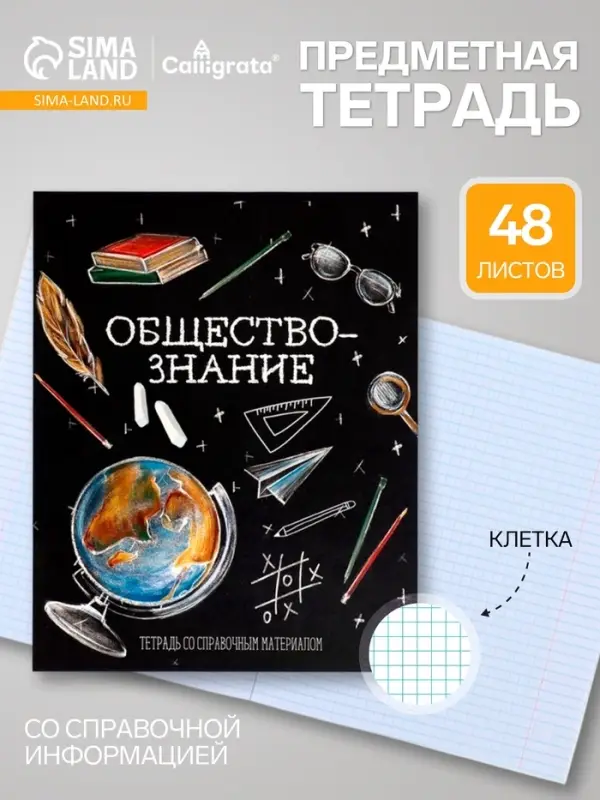 Предметная тетрадь по обществознанию Calligrata &laquo;Доска&raquo;, 48 листов, в клетку, со справочным материалом, обложка из мелованного картона