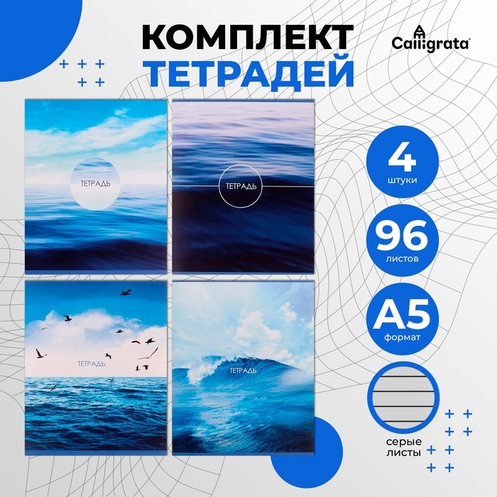 Комплект тетрадей из 4 штук, 96 листов в линию Calligrata &laquo;Морской пейзаж&raquo;, обложка мелованный картон, блок №2, белизна 75% (серые листы)