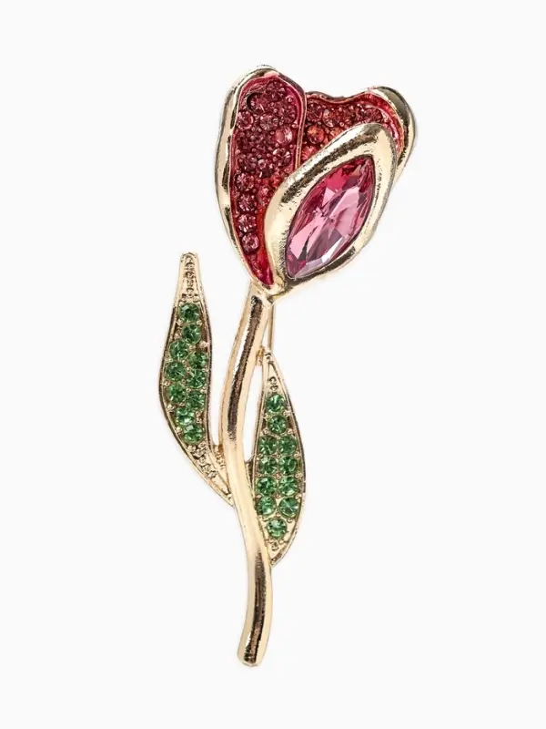 Брошь &laquo;Цветок&raquo; тюльпан, стразы, цвет розово-зелёный в золоте