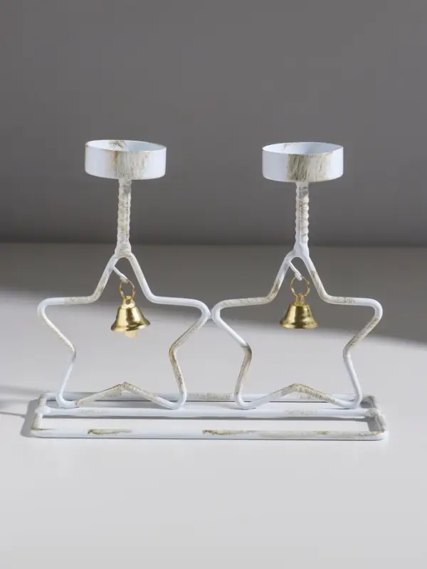 Подсвечник металл на 2 свечи  Подсвечник металл на 2 свечи "Две звезды" белый с патиной d=5 см 18,5х7,3х14,8 см