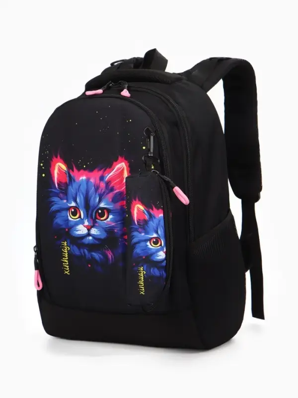 Рюкзак школ. с Эргон. спин. 32*17*41 см, +Пенал, девочка, Кот, черный