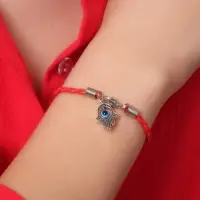 Браслет-оберег &laquo;Красная нить&raquo;, рука счастья Хамса на застёжке, синий в чернёном серебре, 19 см