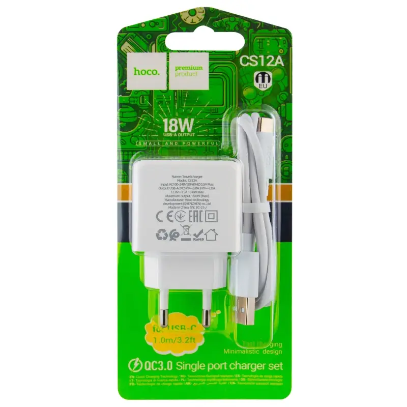 Сетевое зарядное устройство с кабелем USB на Type-C Q.C 3.0 CS12A HOCO белое