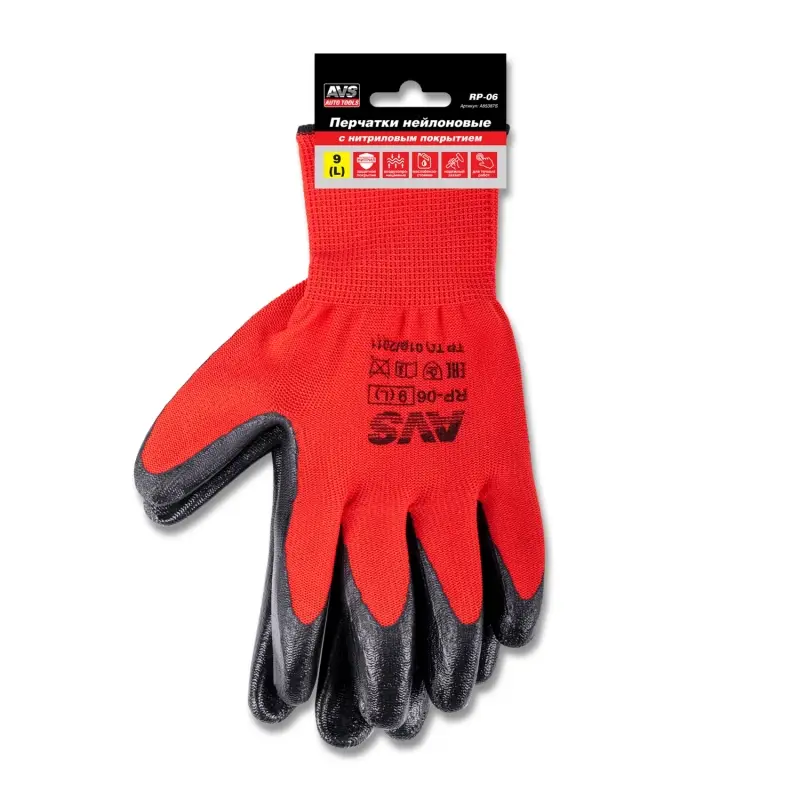 Перчатки нейлоновые с нитриловым покрытием МБС для точных работ (красно-черные) 1 пара AVS RP-06