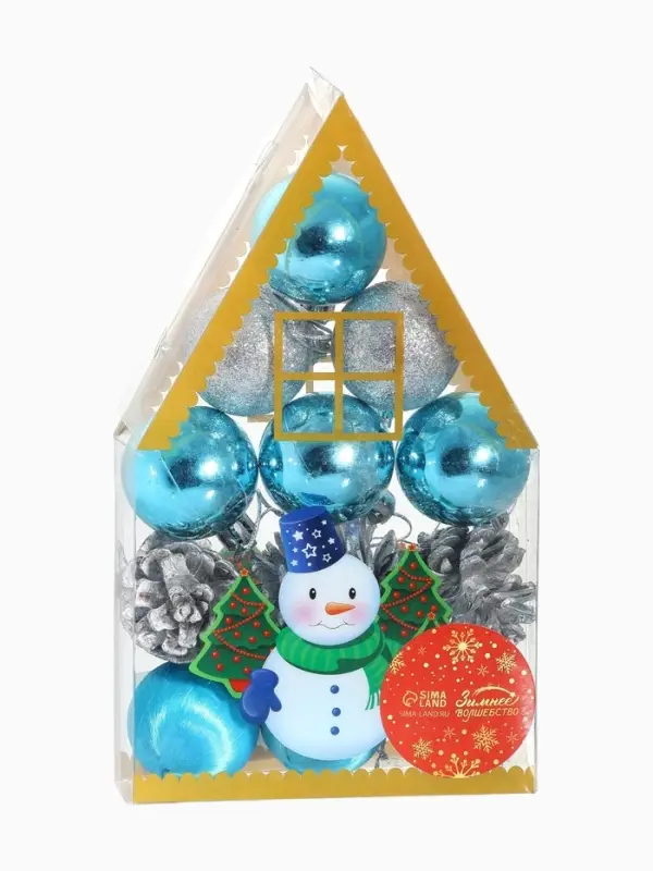 Ёлочные игрушки &laquo;Домик&raquo;, шары новогодние, набор 12 шт. (9 шаров,3 шишки), серебристый/голубой