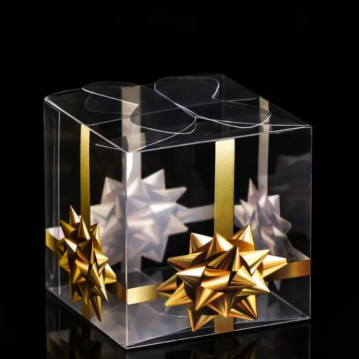 Складная прозрачная коробка из PVC, для упаковки подарков, «Золотой бантик», 7×7×7 см Складная прозрачная коробка из PVC, для упаковки подарков, «Золотой бантик», 7×7×7 см