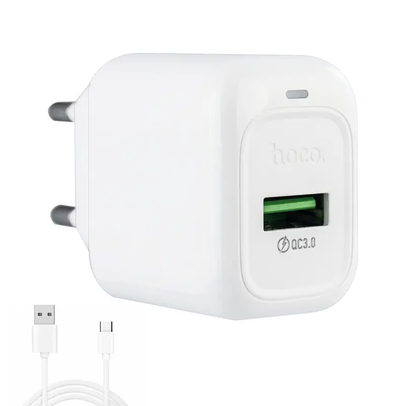 Сетевое зарядное устройство с кабелем USB на Type-C Q.C 3.0 CS52A HOCO белое