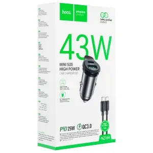 Автомобильное зарядное устройство NZ16A HOCO с кабелем Type-C на Type-C PD25W + USB QC3.0 серый металлик