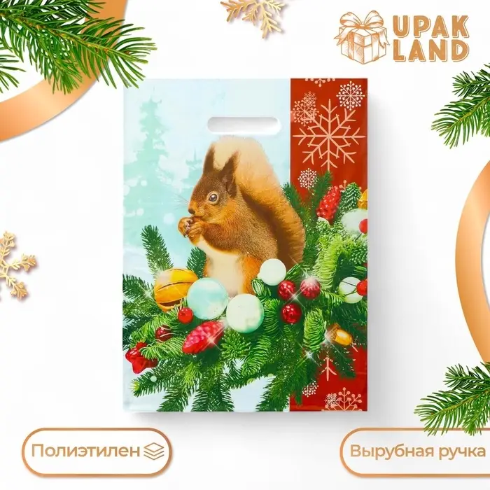 Пакет «Белочка на новогодней ветке», полиэтиленовый с вырубной ручкой, 30×40 см