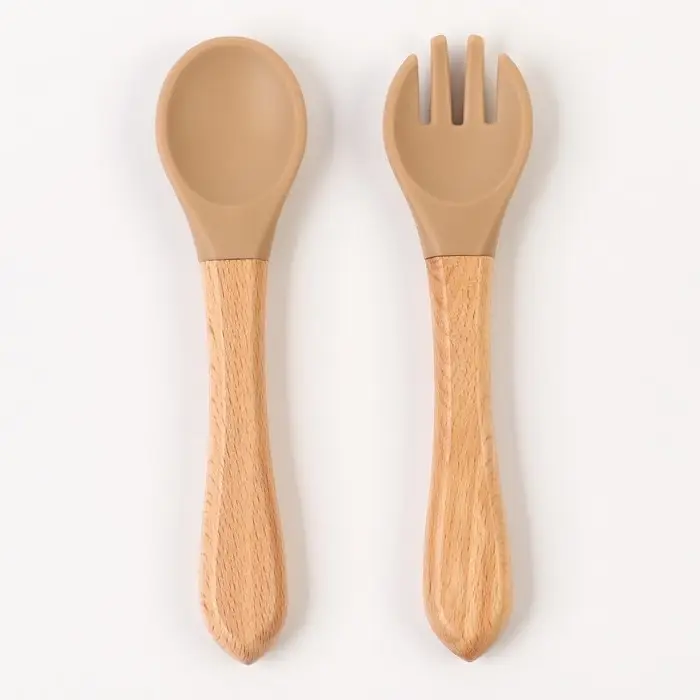 Набор детский столовых приборов, вилка и ложка M&B (силикон, бамбук), бежевый