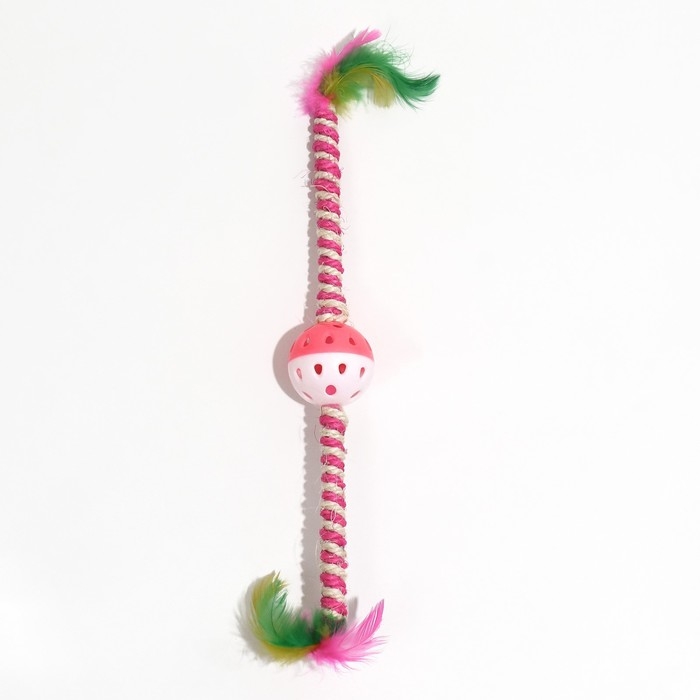 Дразнилка для кошек  Дразнилка для кошек "Двойной пушок", с шариком и сизалевой обмоткой, 32 см, розовая/белая