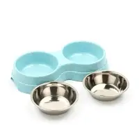 Миска двойная, 2&times;160 мл, 24&times;13&times;4.5 см, на пластиковом основании, металл, голубая