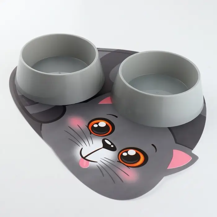 Набор коврик под миску Набор коврик под миску "Вку-у-усно!" + 2 миски пластиковые серые