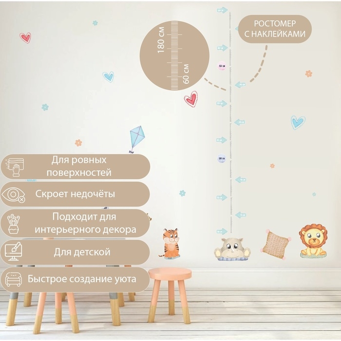 Наклейка интерьерная цветная ростомер  Наклейка интерьерная цветная ростомер "Зверушки. Африка" 50х70 см