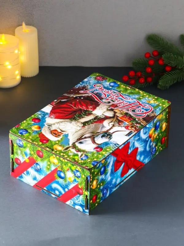 Шкатулка-ящик  самосборный большой  с символом года "Дед Мороз и лошадь", 28х19,5х11 см