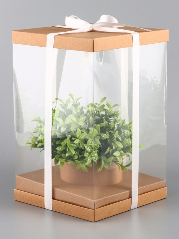 Коробка PVC, для цветов с лентой, 28 х 18 х 18 см, крафт Коробка PVC, для цветов с лентой, 28 х 18 х 18 см, крафт