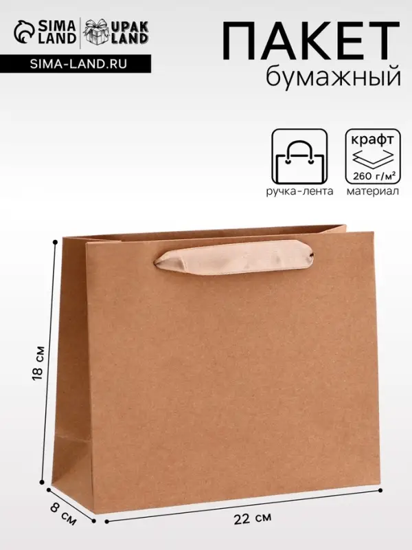 Пакет крафт без печати, горизонтальный, 22&times;8&times;18 см 260 г/м&sup2;