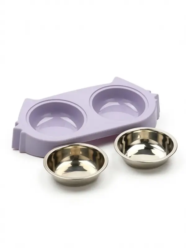 Миска двойная &laquo;Кот&raquo;, 2&times;160 мл, 30.5&times;14.9&times;5.4 см, на пластиковом основании, металл, лавандовая
