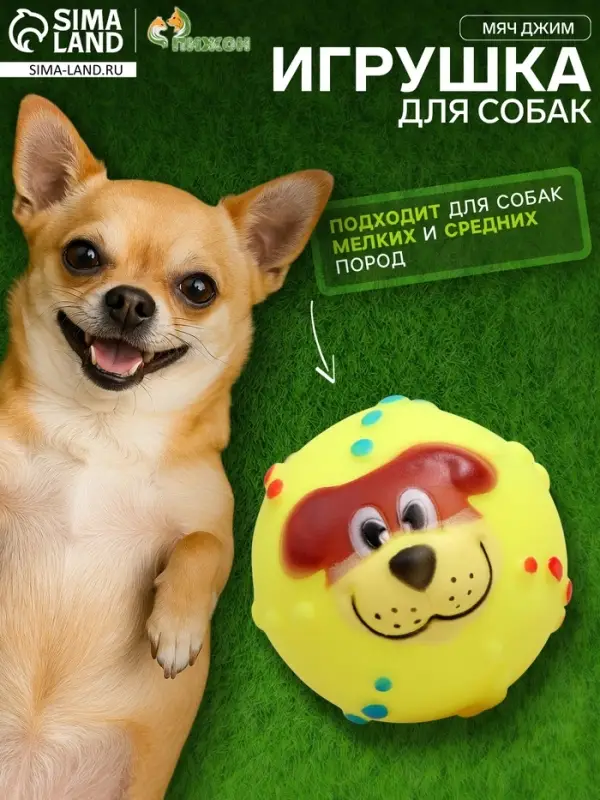 Игрушка для собак &laquo;Мяч Джим&raquo;, 6 см, пищащая, винил, жёлтый