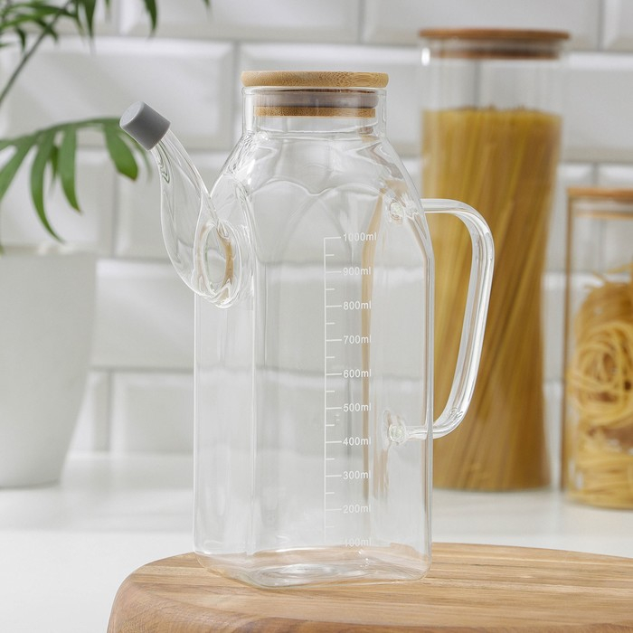 Кувшин для воды стеклянный мерный с бамбуковой крышкой «Эко», 1 л, 9×22,5 см Кувшин для воды стеклянный мерный с бамбуковой крышкой «Эко», 1 л, 9×22,5 см