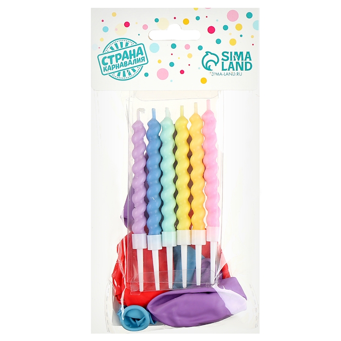 Свечи для торта 6 шт. витые + 5 шаров, ассорти, макарун