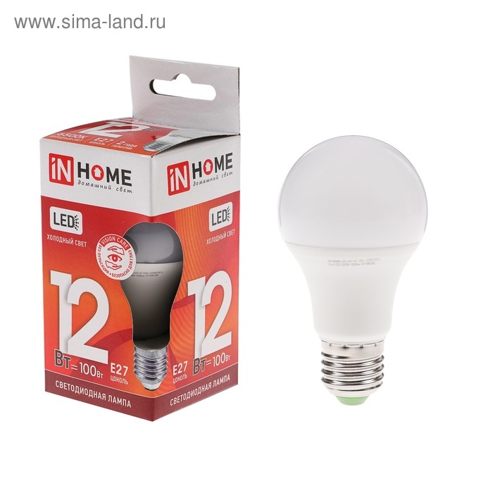 Лампа светодиодная IN HOME LED-A60-VC, Е27, 12 Вт, 230 В, 6500 К, 1140 Лм Лампа светодиодная IN HOME LED-A60-VC, Е27, 12 Вт, 230 В, 6500 К, 1140 Лм