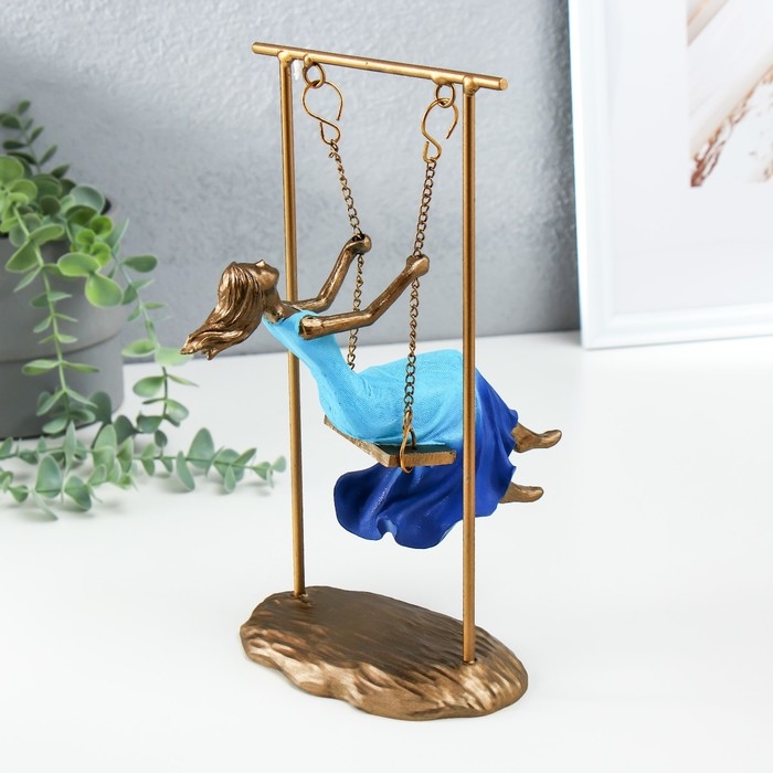 Сувенир полистоун  Сувенир полистоун "Девушка в небесно-голубом платье на качелях" бронза 16х11х26 см
