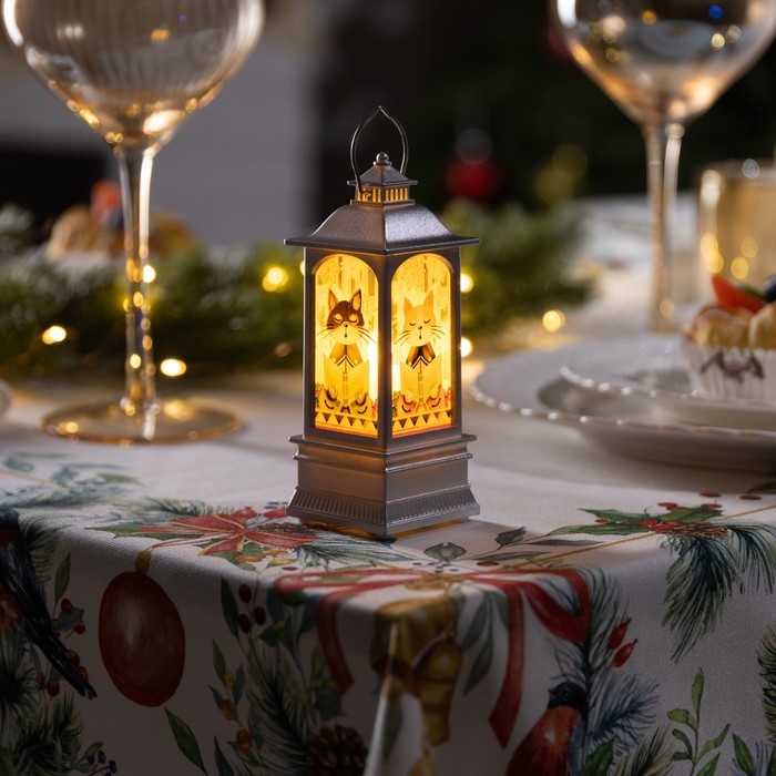 Светодиодная фигура «Серебристый фонарь с котиками» 5 × 12 × 5 см, пластик, батарейки AG13х3 (в комплекте), свечение тёплое белое