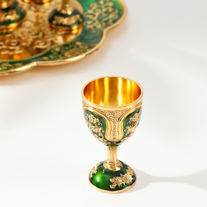 Набор винный кувшин, 6 бокалов и поднос  Набор винный кувшин, 6 бокалов и поднос "Турция. Цветы и узоры" зелёный с золотом